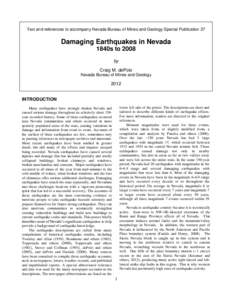 Text and references to accompany Nevada Bureau of Mines and Geology Special Publication 37  Damaging Earthquakes in Nevada 1840s to 2008 by Craig M. dePolo