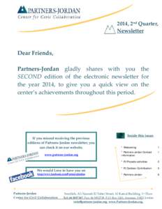 2014, 2nd Quarter, Newsletter Dear Friends, Partners-Jordan gladly shares with you the SECOND edition of the electronic newsletter for