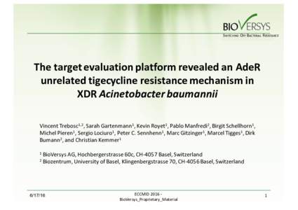 S WITCHING OFF B ACTERIAL R ESISTANCE  The	target	evaluation	platform	revealed	an	AdeR unrelated	tigecycline resistance	mechanism	in	 XDR	Acinetobacter	baumannii Vincent	Trebosc1,2,	Sarah	Gartenmann1,	Kevin	Royet1,	Pablo