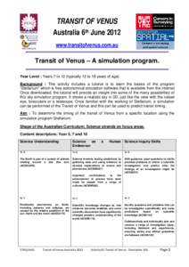 TRANSIT OF VENUS Australia 6th June 2012 www.transitofvenus.com.au    Transit of Venus – A simulation program.