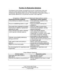 Punitive Vs Restorative Solutions The following chart has been excerpted from the work of well-known author and restorative justice pioneer Howard Zehr (Restorative Justice and Family Group Conferences: New Zealand Style