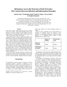Robustness Across the Structure of Sub-Networks: The Contrast Between Infection and Information Dynamics Patrick Grim,a Christopher Reade,b Daniel J. Singer,c Steven Fisher,d & Stephen Majewicze abc