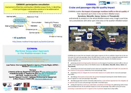 CAIMANs Cruise and passenger ship Air quality Impact CAIMAN’s partecipative consultation Involvement of Northen and Southern Mediterranean Ports, in identifing critical points/gaps and possible solutions to be addresse