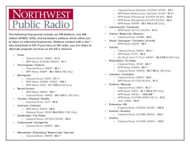    The following frequencies include our FM Stations, one AM station (KWSU 1250), and translators stations which allow you to listen on alternate frequencies. Stations marked with a star * also broadcast in HD. If you h