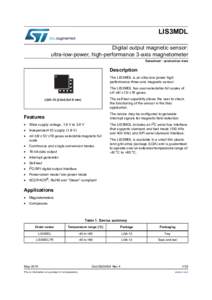 LIS3MDL Digital output magnetic sensor: ultra-low-power, high-performance 3-axis magnetometer Datasheet - production data  Description