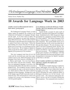The Endangered Language Fund Newsletter Volume Seven, Number Two October[removed]Awards for Language Work in 2003