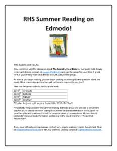 RHS Students and Faculty, Stay connected with the discussion about The Secret Life of Bees by Sue Monk Kidd. Simply create an Edmodo account at www.edmodo.com and join the group for your[removed]grade level. If you alrea
