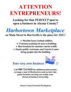 ATTENTION ENTREPRENEURS! Looking for that PERFECT spot to open a business in Alcona County?  Harbortown Marketplace