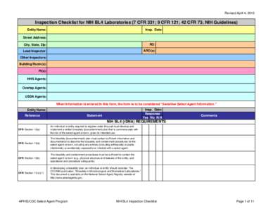 Inspection Checklist for NIH BL4-N Laboratories (7 CFR 331; 9 CFR 121; 42 CFR 73; NIH Guidelines)