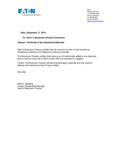 Bussmann Certificate of Non-Hazardous Materials
               Bussmann Certificate of Non-Hazardous Materials