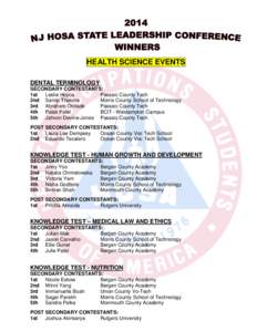 HEALTH SCIENCE EVENTS DENTAL TERMINOLOGY SECONDARY CONTESTANTS: 1st Leslie Hoyos Passaic County Tech