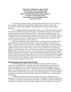 Statement of Administrator John S. Pistole Transportation Security Administration U.S. Department of Homeland Security Before the United States House of Representatives Committee on Homeland Security Subcommittee on Tran