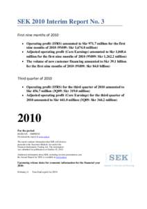 SEK 2010 Interim Report No. 3 First nine months of 2010 Operating profit (IFRS) amounted to Skrmillion for the first nine months of9M09: Skr 1,674.8 million) Adjusted operating profit (Core Earnings) amount