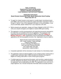 State of California Department of Parks and Recreation Division of Boating and Waterways Local Assistance Loan and Grant Programs Application Instructions Beach Erosion Control and Public Beach Restoration Grant Funding