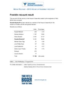 MEDIA RELEASE – 2015 HOUSE OF ASSEMBLY RECOUNT  Franklin recount result The recount to fill the vacancy in the House of Assembly created by the resignation of Nick McKim has concluded. Rosalie Woodruff has been elected