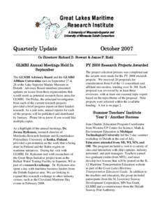 Great Lakes Maritime Research Institute A University of Wisconsin-Superior and University of Minnesota Duluth Consortium  Quarterly Update