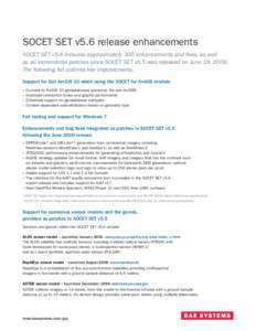 SOCET SET v5.6 release enhancements SOCET SET v5.6 includes approximately 300 enhancements and fixes, as well as all incremental patches since SOCET SET v5.5 was released on June 19, 2009. The following list outlines key