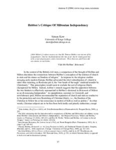 Animuswww.swgc.mun.ca/animus  Hobbes’s Critique Of Miltonian Independency Simon Kow University of Kings College
