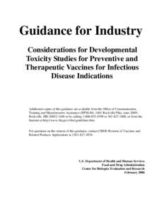 Guidance for Industry: Considerations for Developmental Toxicity Studies for Preventive and Therapeutic Vaccines for Infectious Disease Indications