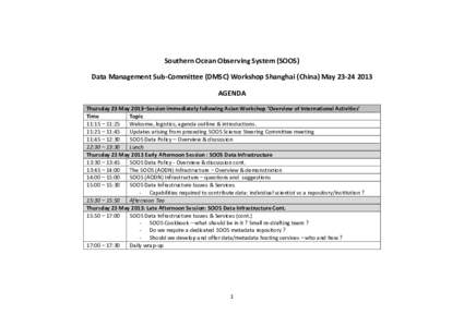 Southern Ocean Observing System (SOOS) Data Management Sub-Committee (DMSC) Workshop Shanghai (China) MayAGENDA Thursday 23 May 2013–Session immediately following Asian Workshop ‘Overview of International