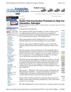 Quake Warning System Promises to Help Cut Casualties, Damages  Page 1 of 2 Home | Register | Home Delivery | Site Map | Archives | Print Edition | Advertise Hi, richardmallen
