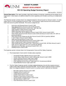 BUDGET PLANNER BUDGET DEVELOPMENT BD-103 Operating Budget Summary Report Date Issued/Rev: General Description: This report provides a high level summary of revenues, expenses and net margin for an