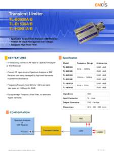 Transient Limiter TL-B0930A/B TL-B1530A/B TL-H0901A/B • Applicable to Spectrum Analyzer, EMI Receiver . • Protect RF Input Port against over voltage.