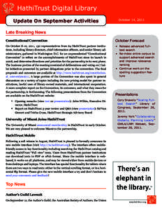 HathiTrust Digital Library Update On September Activities October 14, 2011  Late Breaking News
