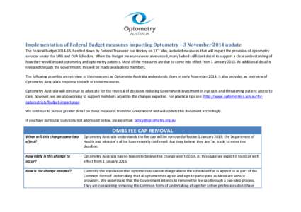Implementation of Federal Budget measures impacting Optometry – 3 November 2014 update The Federal Budget[removed], handed down by Federal Treasurer Joe Hockey on 13th May, included measures that will impact the provisi