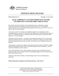 DEFENCE MEDIA RELEASE MECC SQLDThursday, 13 Jun, 2013  RAAF AMBERLEY AVIATION HERITAGE CENTRE
