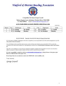 Watford & District Bowling Association Association Competition Secretary George Coxwell Malwa, Pegmire Lane, Aldenham, Watford, Herts. WD25 8DR Tel: 