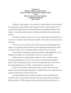 Testimony of Donald L. Mader, Executive Director American Council of Engineering Companies of Ohio to the House Commerce & Labor Committee regarding House Bill 180