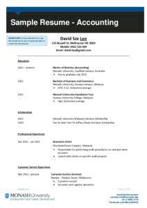 Sample Resume - Accounting DO NOT COPY: You are advised not to copy this sample, but to use it to generate ideas to create your own resume.  David Sze Lee