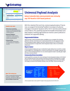 Universal Payload Analysis Extract valuable data communicated over virtually any TCP-based or UDP-based protocol EXAMPLE USE CASES •	Performance monitoring