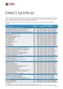   ETRACS full ETN list ETRACS Exchange Traded Notes (ETNs) are senior, unsecured, unsubordinated debt securities that are designed to track the total return of a specific market index, less investor fees, and provide 