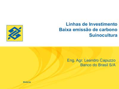Linhas de Investimento Baixa emissão de carbono Suinocultura Eng. Agr. Leandro Capuzzo Banco do Brasil S/A