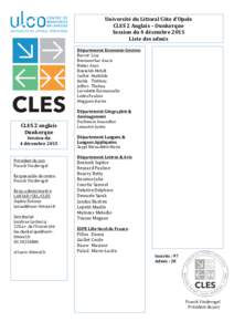 Université	du	Littoral	Côte	d’Opale	 CLES	2	Anglais	–	Dunkerque	 Session	du	4	décembre	2015 Liste	des	admis	  CLES	2	anglais