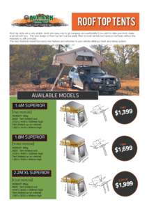 ROOF TOP TENTS Roof top tents are a very simple, quick and easy way to go camping, and particularly if you want to take your boat, trailer, or jet ski with you. This new design of Roof top tent can be easily fitted to mo