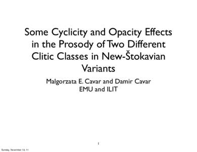 Some Cyclicity and Opacity Effects in the Prosody of Two Different Clitic Classes in New-Štokavian Variants Malgorzata E. Cavar and Damir Cavar EMU and ILIT