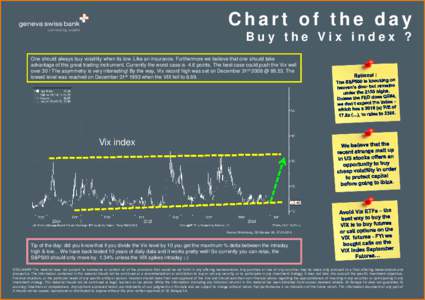 Chart of the day Buy the Vix index ? One should always buy volatility when its low. Like an insurance. Furthermore we believe that one should take advantage of this great trading instrument. Currently the worst case is -