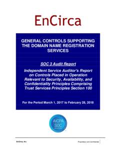 GENERAL CONTROLS SUPPORTING THE DOMAIN NAME REGISTRATION SERVICES SOC 3 Audit Report Independent Service Auditor’s Report on Controls Placed in Operation