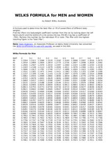 WILKS FORMULA for MEN and WOMEN by Robert Wilks, Australia A formula used to determine the best lifter or lift of powerlifters of different body weights. Find the lifters kilo bodyweight coefficient number from the list 
