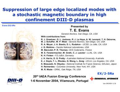 Suppression of large edge localized modes with a stochastic magnetic boundary in high confinement DIII-D plasmas Evans EX2-5Ra  Presented by