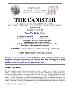 ______________________________________________________________________________  THE CANISTER Monthly Newsletter of the Cincinnati Civil War Round Table Cincinnati CWRT P. O. Box