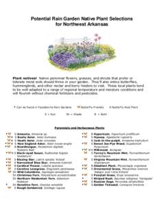 Potential Rain Garden Native Plant Selections for Northwest Arkansas Plant natives! Native perennial flowers, grasses, and shrubs that prefer or tolerate moist soils should thrive in your garden. They’ll also entice bu