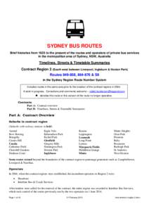 SYDNEY BUS ROUTES Brief histories from 1925 to the present of the routes and operators of private bus services in the metropolitan area of Sydney, NSW, Australia Timelines, Streets & Timetable Summaries Contract Region 2