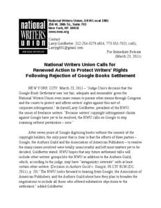 National Writers Union, UAW Local[removed]W. 38th St., Suite 703 New York, NY[removed]www.nwu.org  Contact: