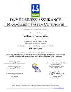 DNV BUSINESS ASSURANCE MANAGEMENT SYSTEM CERTIFICATE Certificate NoAE-USA-RvA This is to certify that  SunPower Corporation