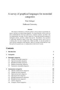 A survey of graphical languages for monoidal categories Peter Selinger Dalhousie University Abstract This article is intended as a reference guide to various notions of monoidal categories and their associated string dia