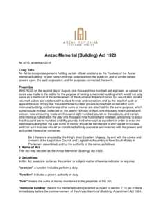 Anzac Memorial (Building) Act 1923 As at 15 November 2010 Long Title An Act to incorporate persons holding certain official positions as the Trustees of the Anzac Memorial Building; to vest certain moneys collected from 